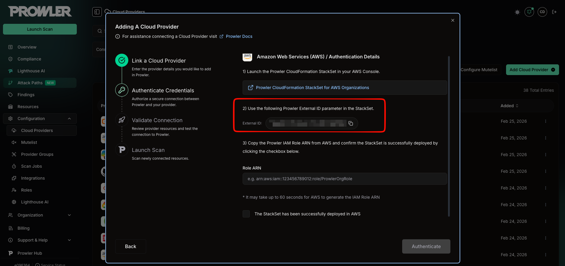 Authentication Details form showing External ID, Role ARN field, and StackSet confirmation checkbox