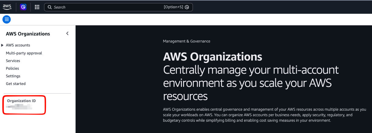 AWS Organizations Console showing the Organization ID in the left sidebar
