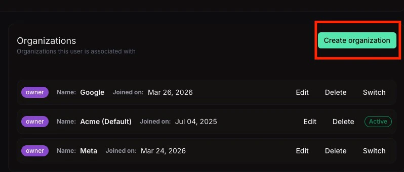 Create organization button
