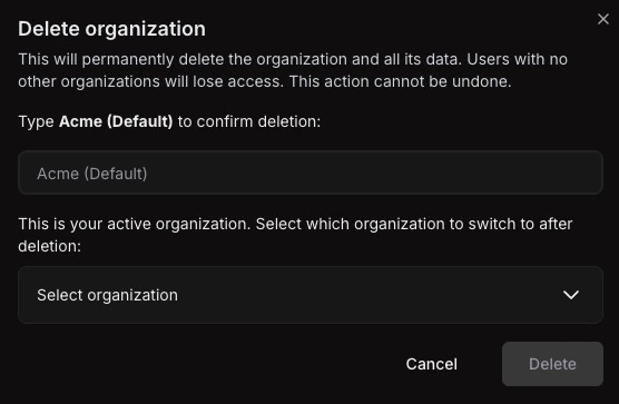 Delete active organization modal with target selection