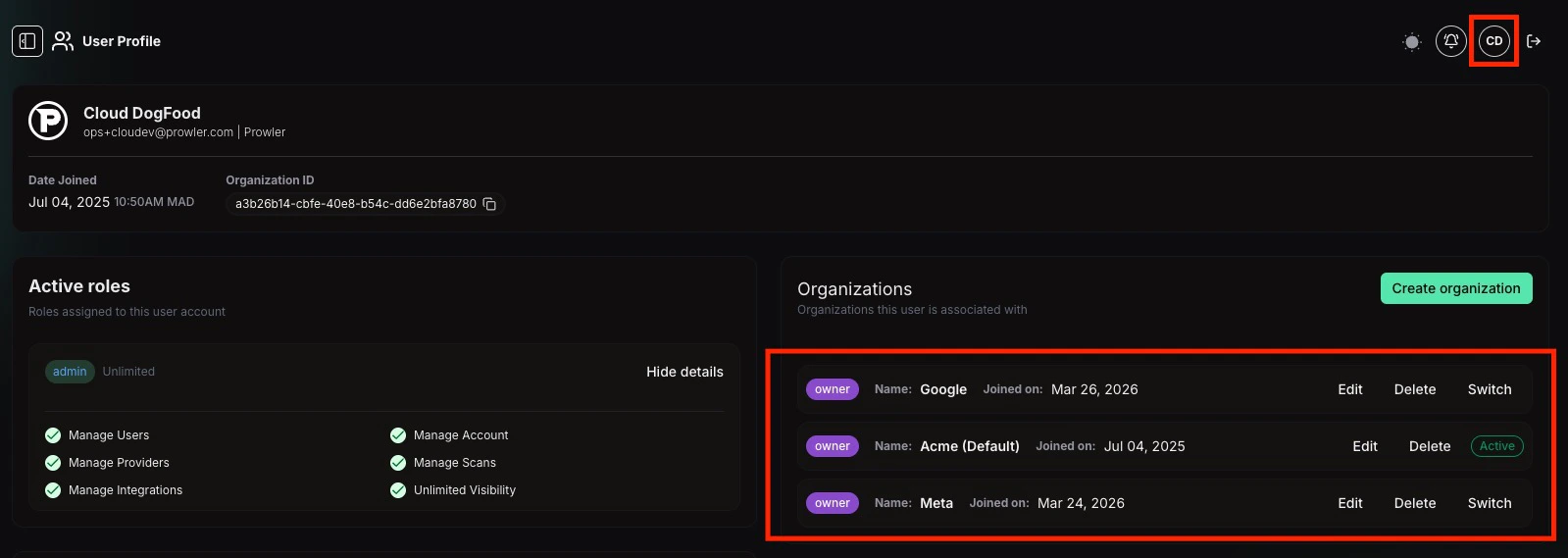 Organizations card in profile page