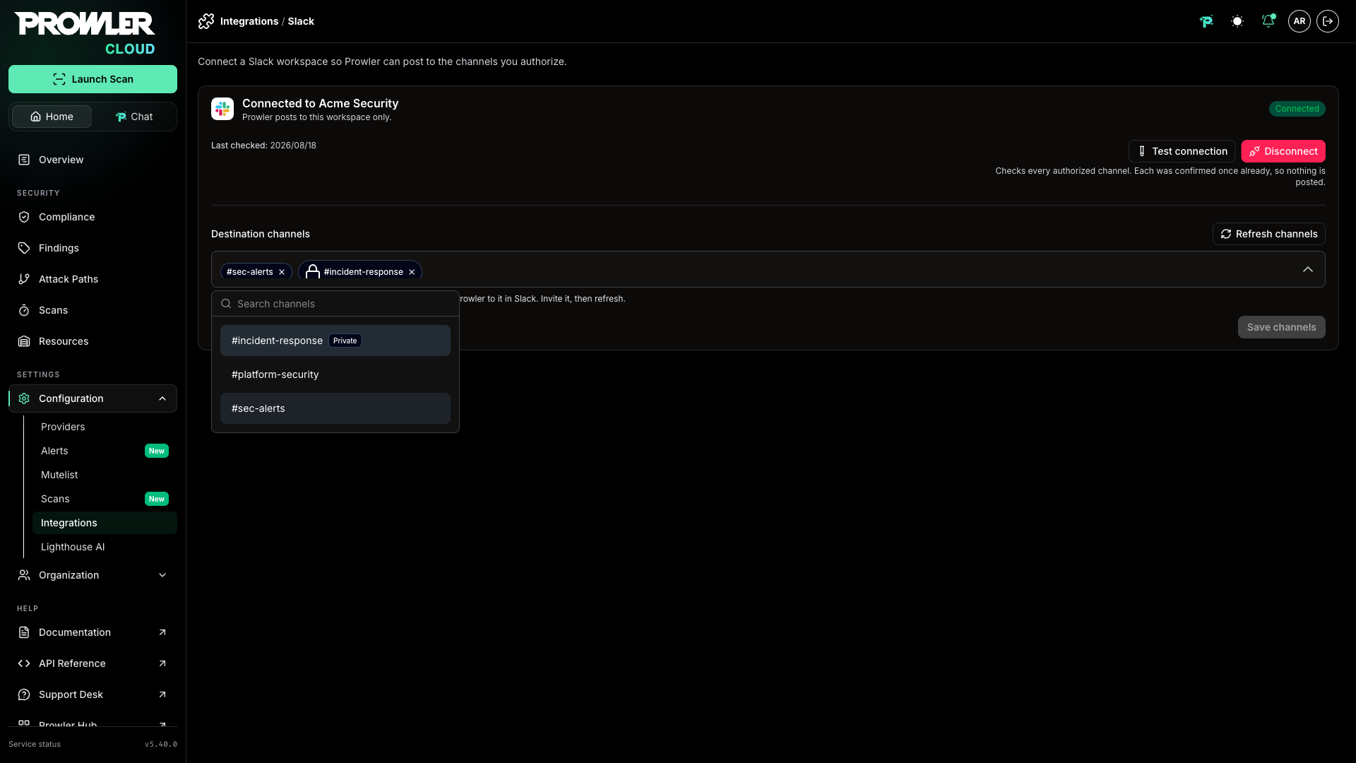 Destination channels selection listing public channels and an invited private channel marked Private