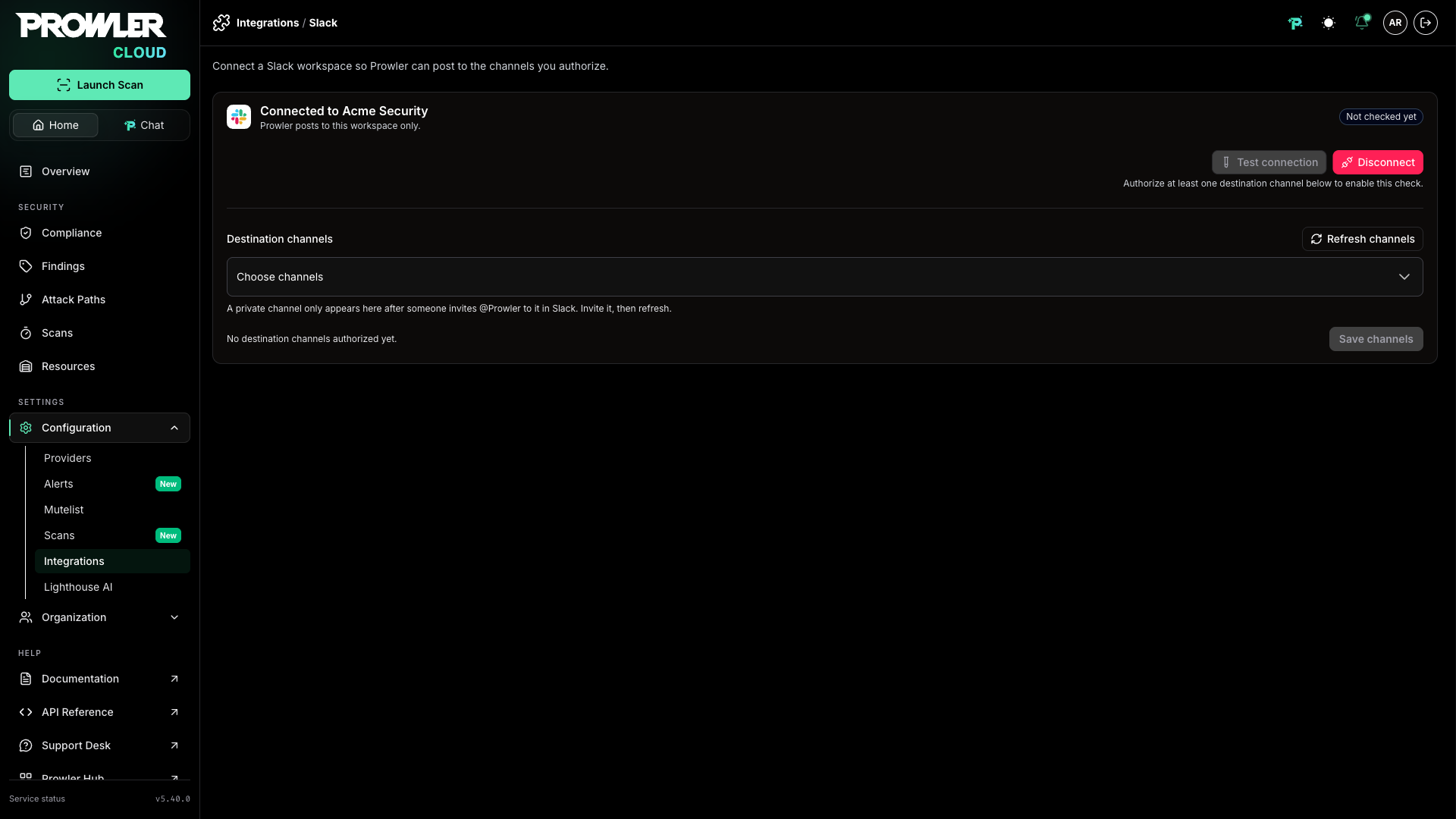 Connected Slack workspace on the Integrations page