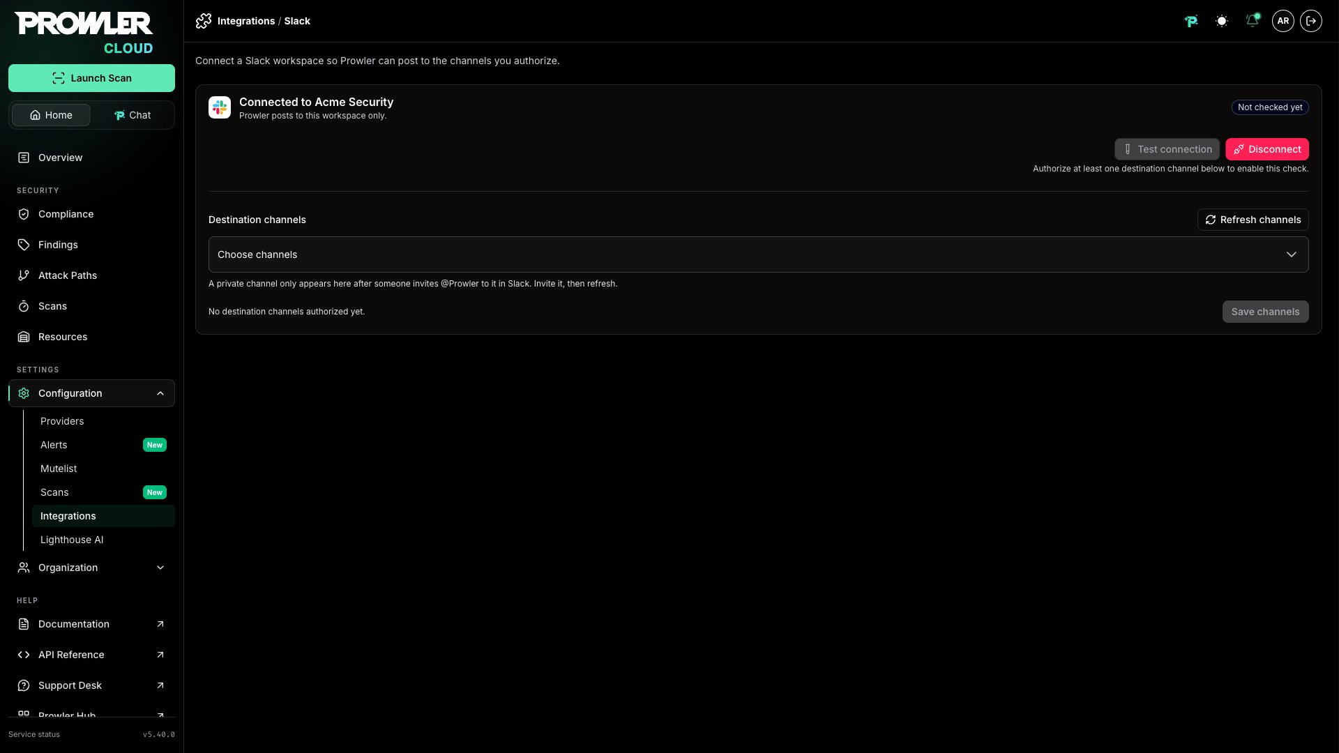 Connected Slack workspace on the Integrations page