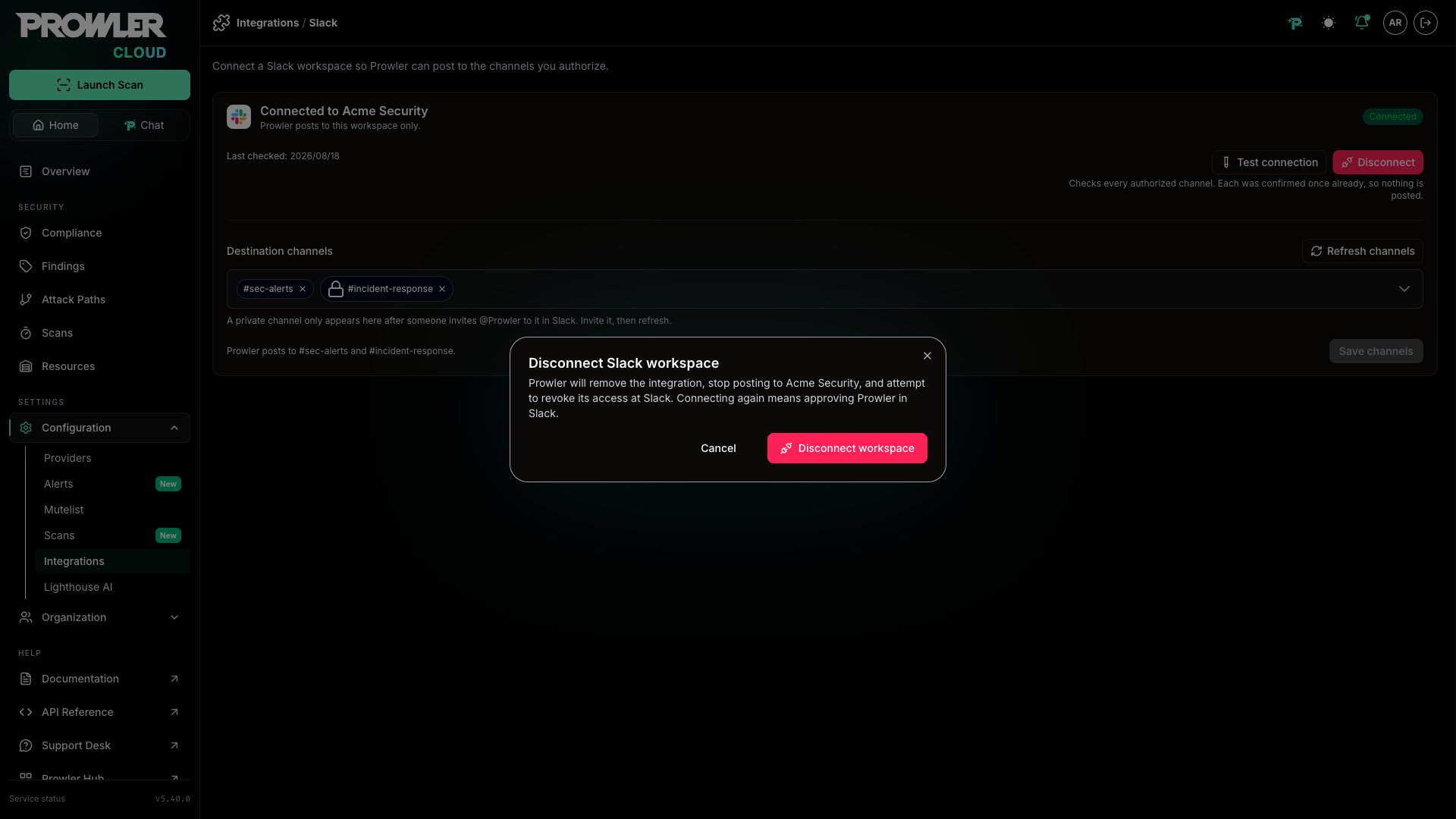 Disconnect Slack workspace confirmation dialog