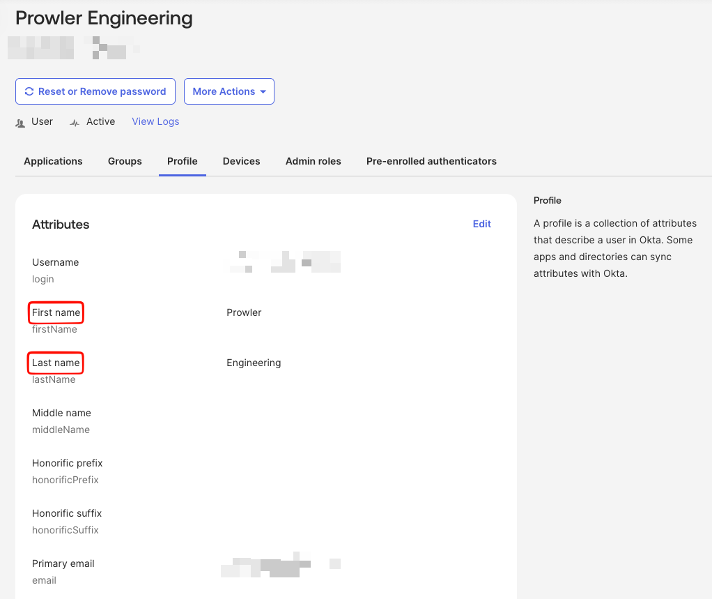 Okta User Profile — First Name and Last Name