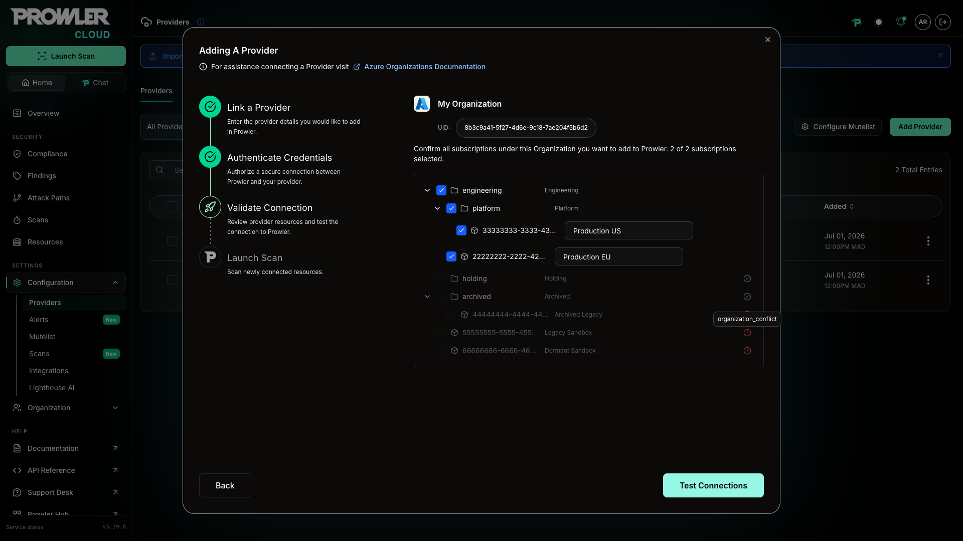 Blocked subscription row with the reason shown in a tooltip