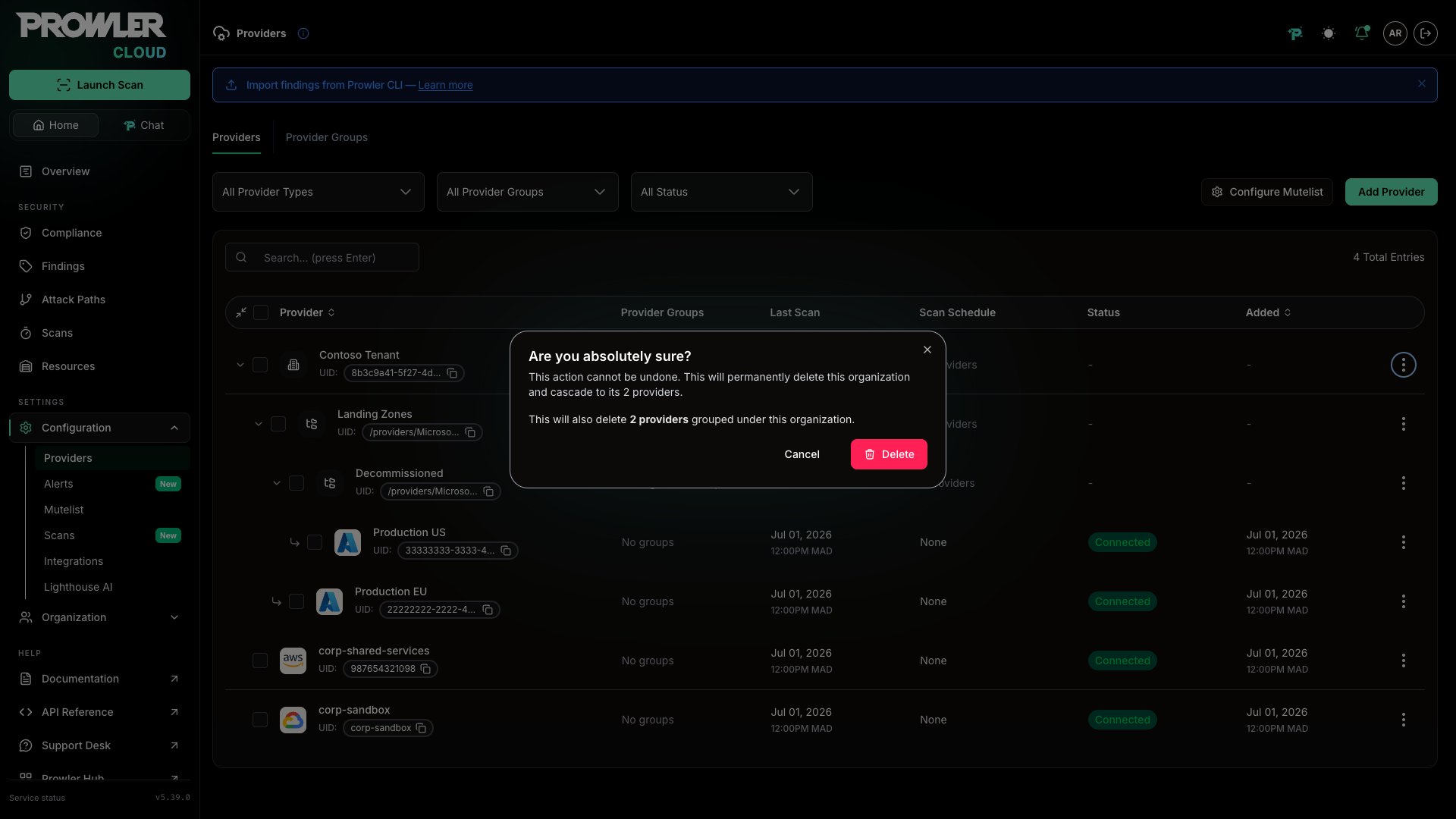 Delete organization dialog showing how many providers are deleted with it