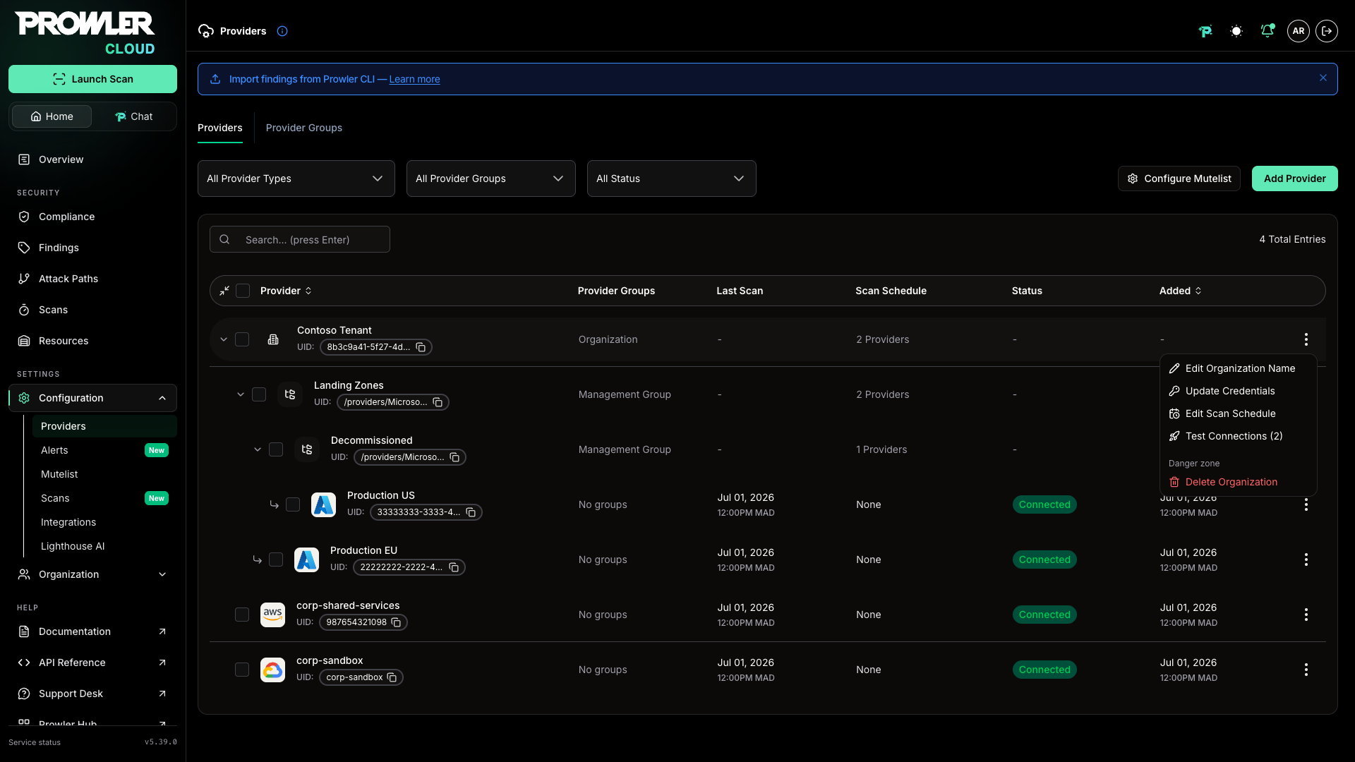 Row actions menu on an Azure organization row