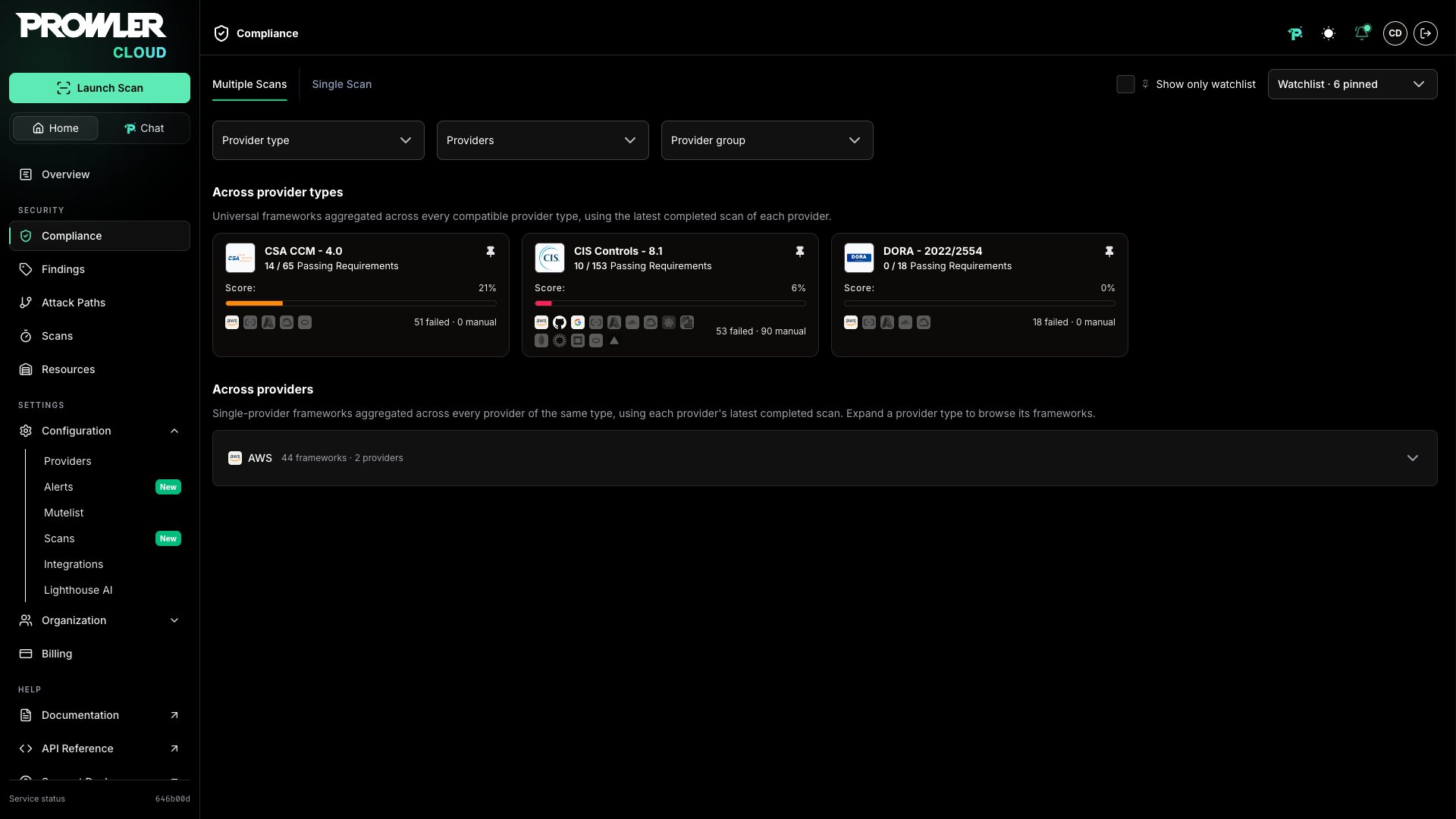 Multiple Scans tab with the watchlist controls above the tabs and a filled pin on each universal framework card
