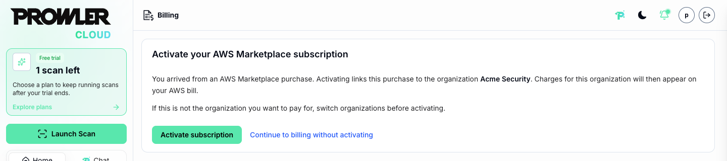 Activation card naming the organization, with the Activate subscription button and the Continue to billing without activating link