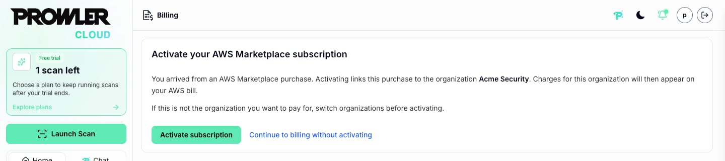Activation card naming the organization, with the Activate subscription button and the Continue to billing without activating link