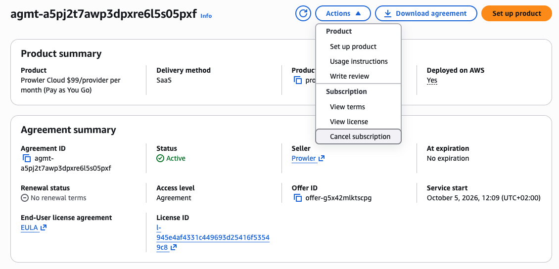 Prowler Cloud agreement page in the AWS Marketplace console with the Actions menu open on Cancel subscription