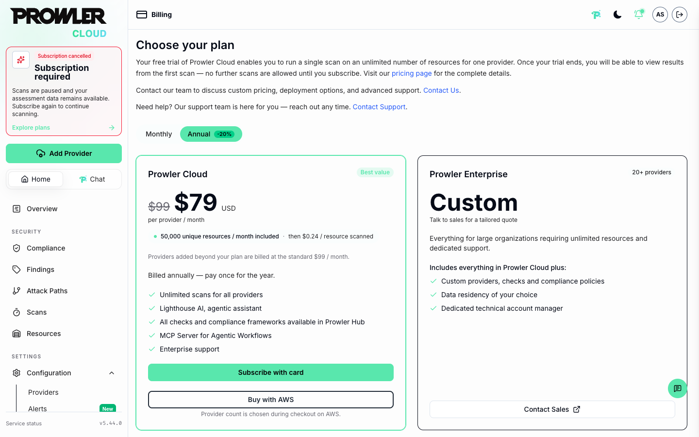 Prowler Cloud after an AWS Marketplace cancellation, showing the Subscription cancelled card in the sidebar and the plan selection page