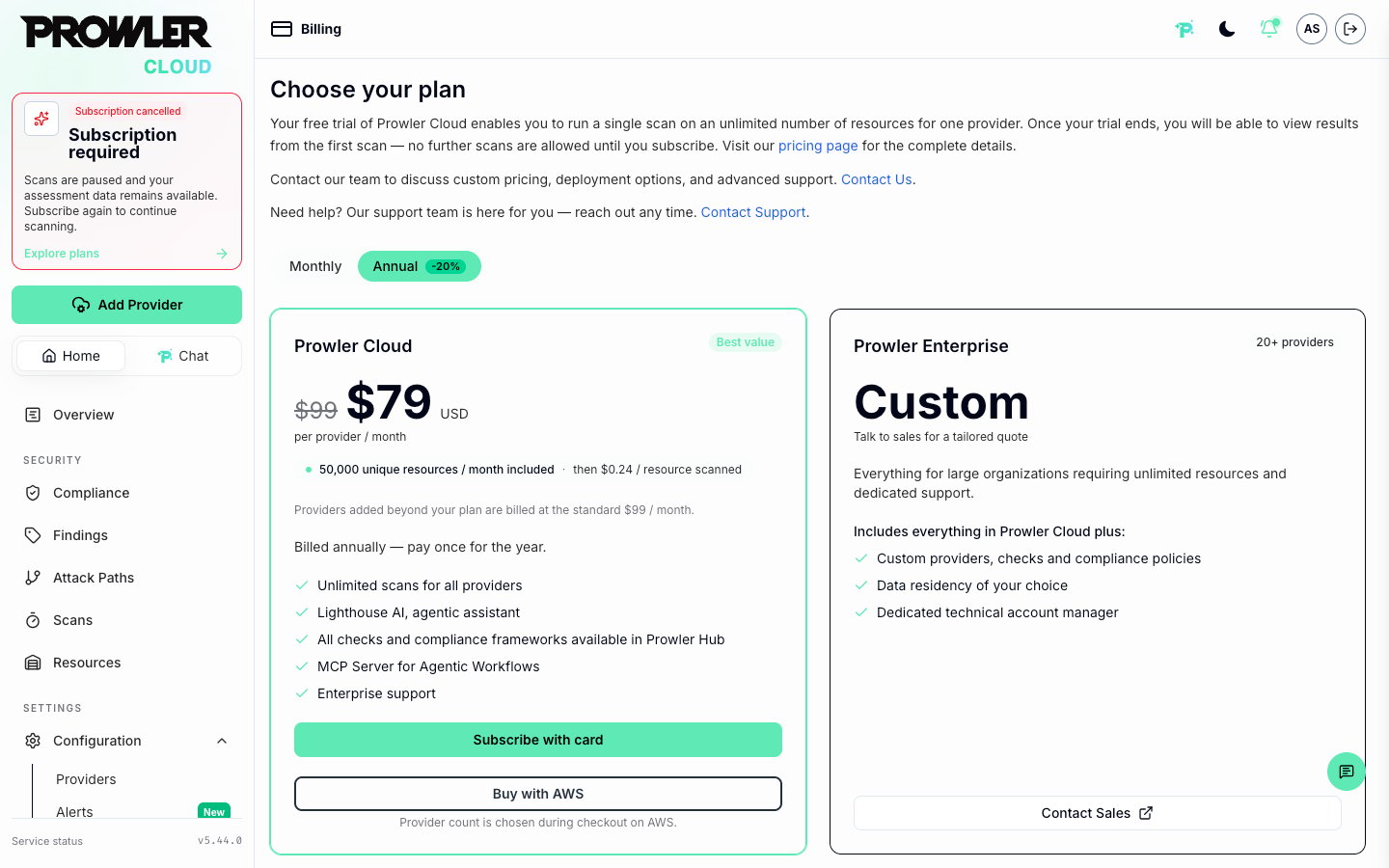 Prowler Cloud after an AWS Marketplace cancellation, showing the Subscription cancelled card in the sidebar and the plan selection page