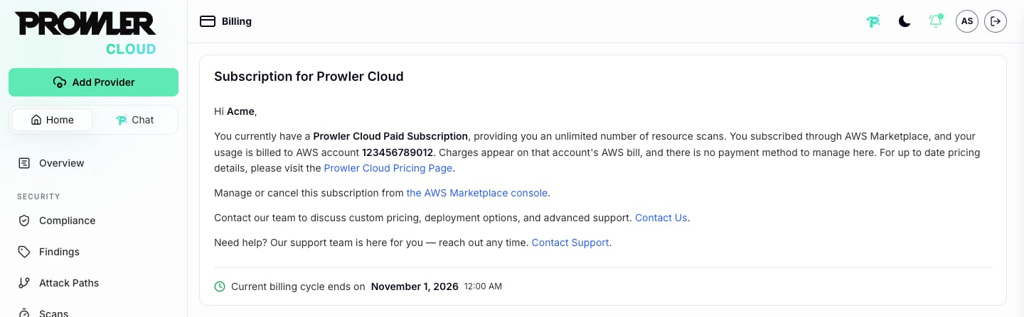 Prowler Cloud billing page for an AWS Marketplace subscription, showing the paying AWS account and the link to the AWS Marketplace console