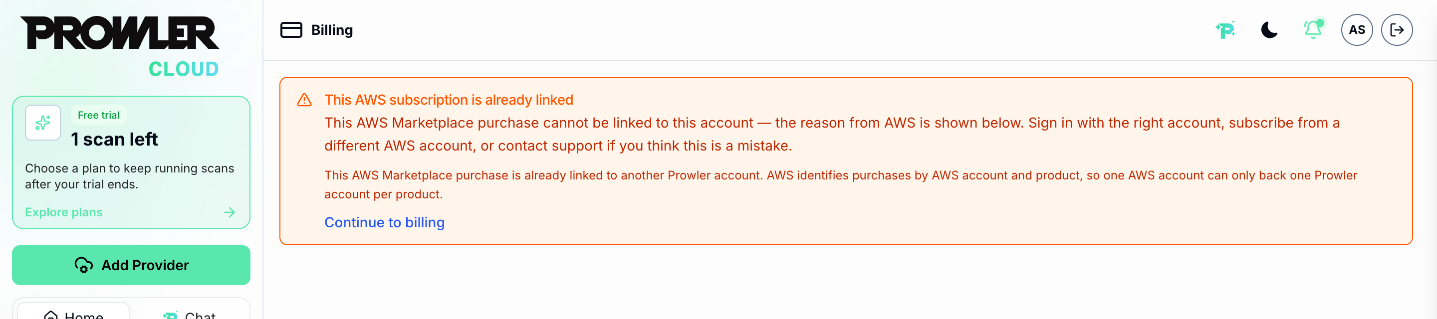 Error notice: This AWS subscription is already linked, with the reason shown below the message