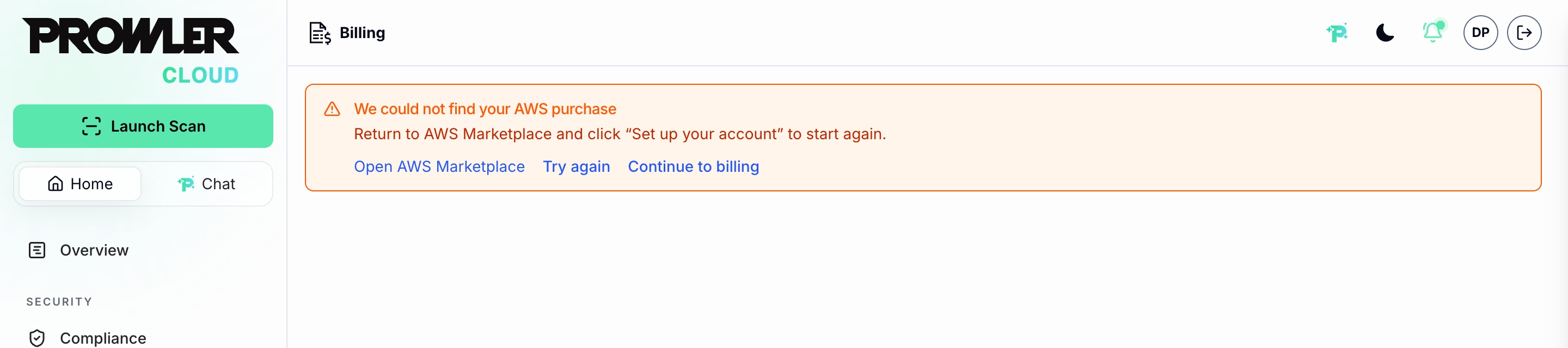 Error notice: We could not find your AWS purchase