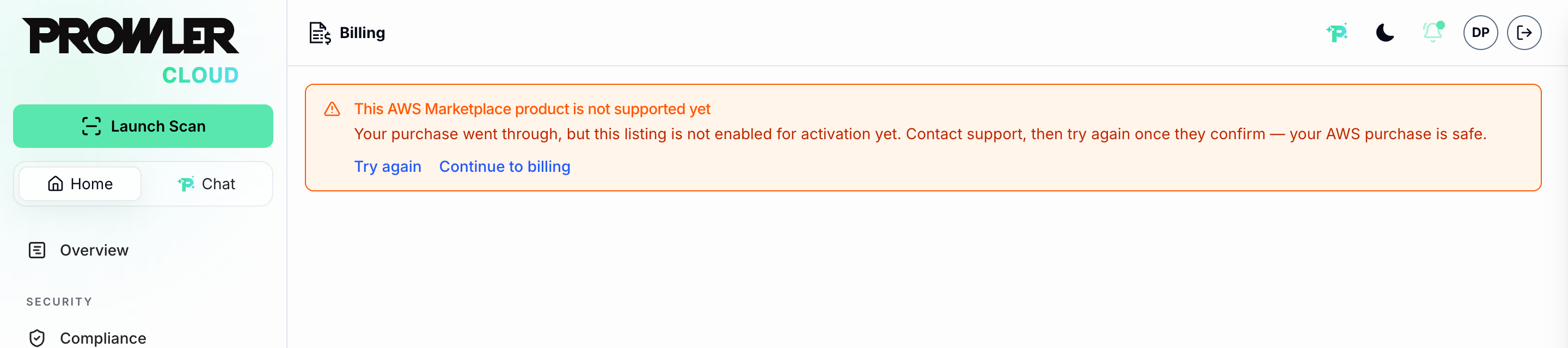 Error notice: This AWS Marketplace product is not supported yet