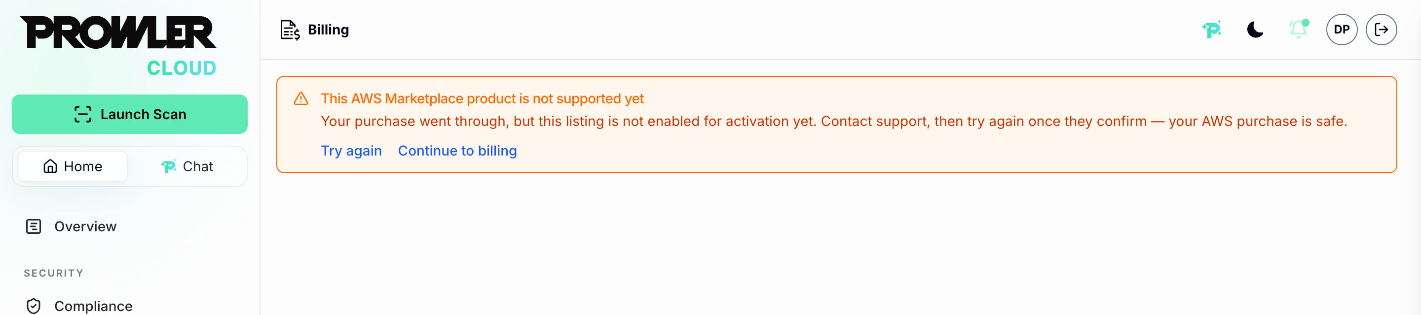 Error notice: This AWS Marketplace product is not supported yet