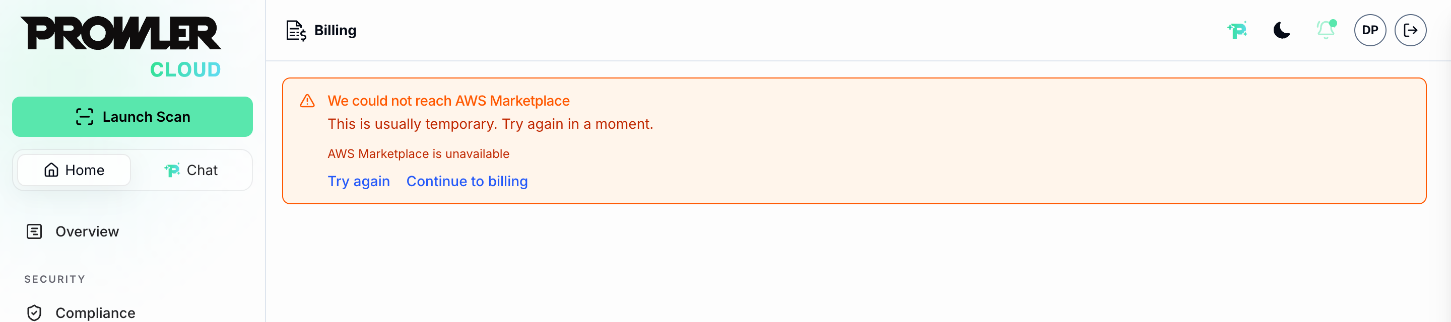 Error notice: We could not reach AWS Marketplace