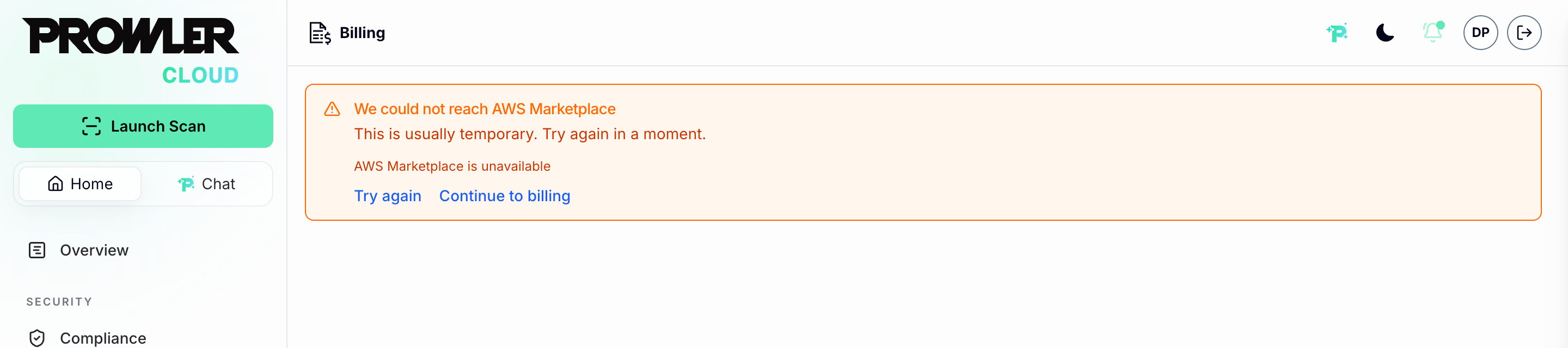 Error notice: We could not reach AWS Marketplace