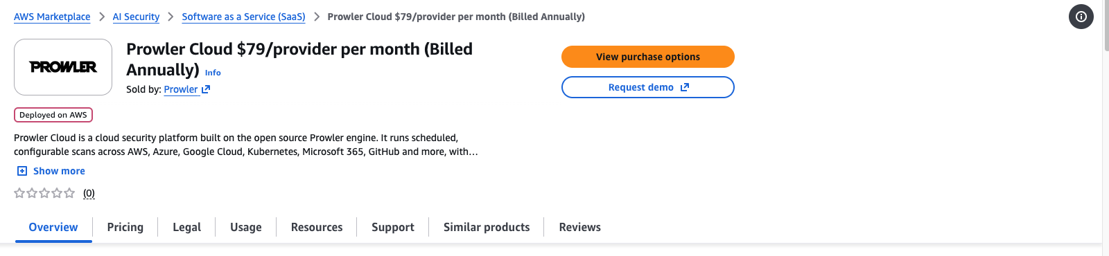 Annual Prowler Cloud listing on AWS Marketplace with the View purchase options button highlighted