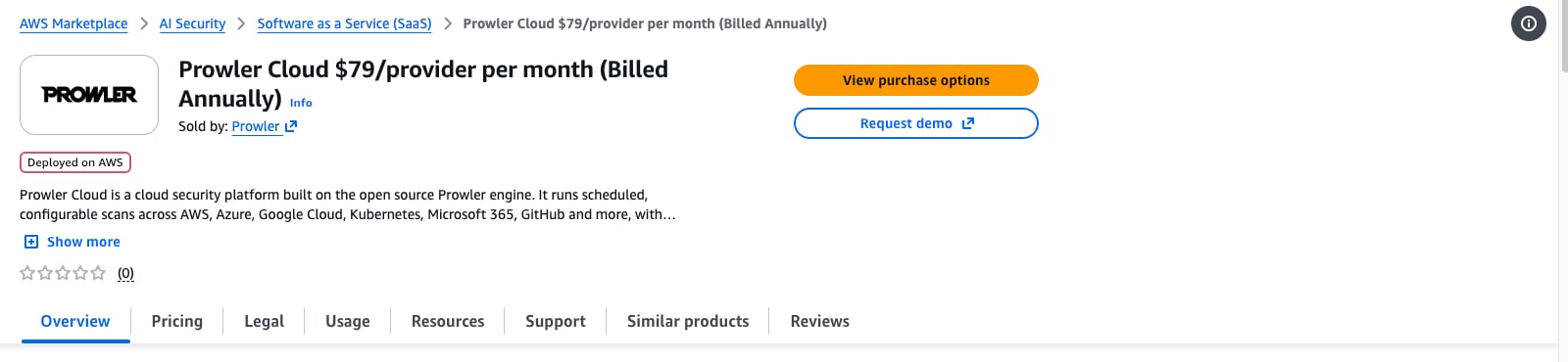 Annual Prowler Cloud listing on AWS Marketplace with the View purchase options button highlighted