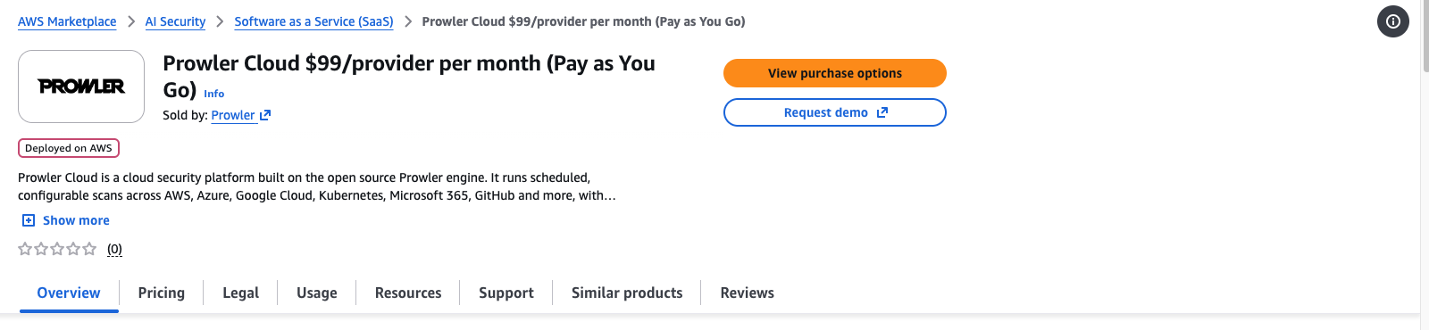 Monthly Prowler Cloud listing on AWS Marketplace with the View purchase options button highlighted