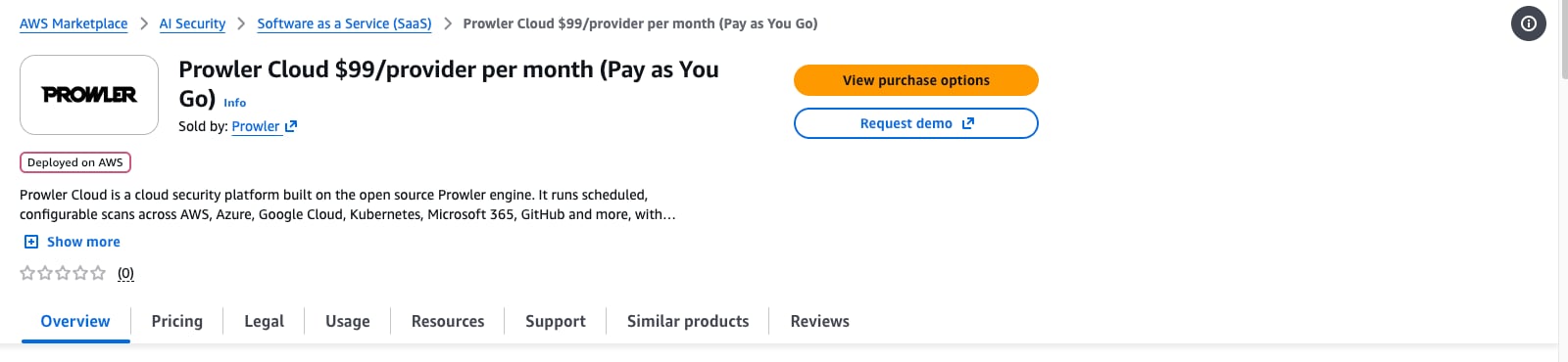 Monthly Prowler Cloud listing on AWS Marketplace with the View purchase options button highlighted