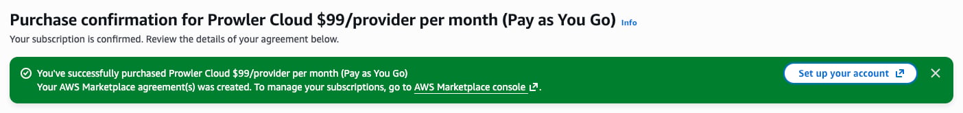 AWS Marketplace purchase confirmation banner with the Set up your account button