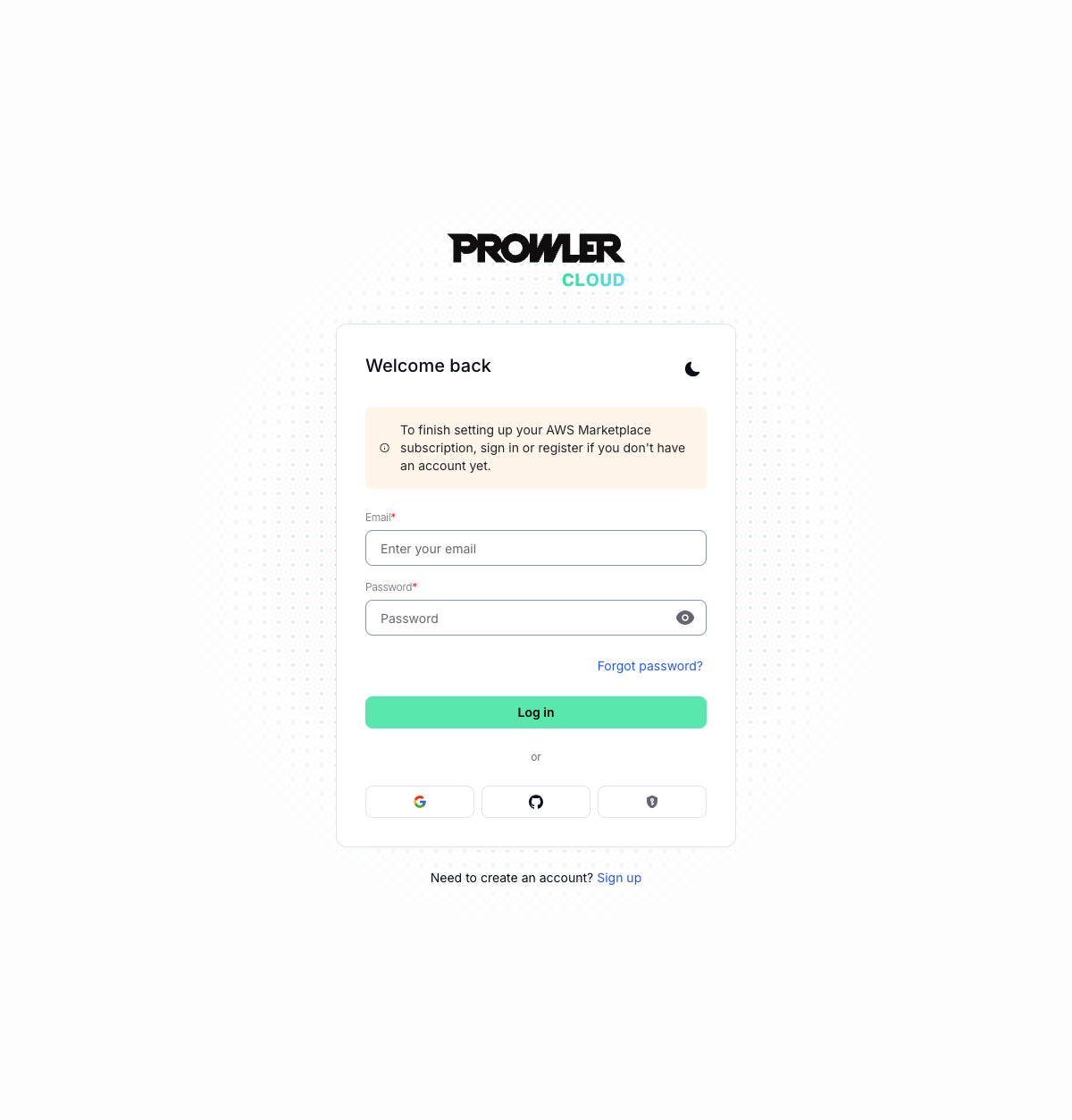 Prowler Cloud sign-in page with the AWS Marketplace banner