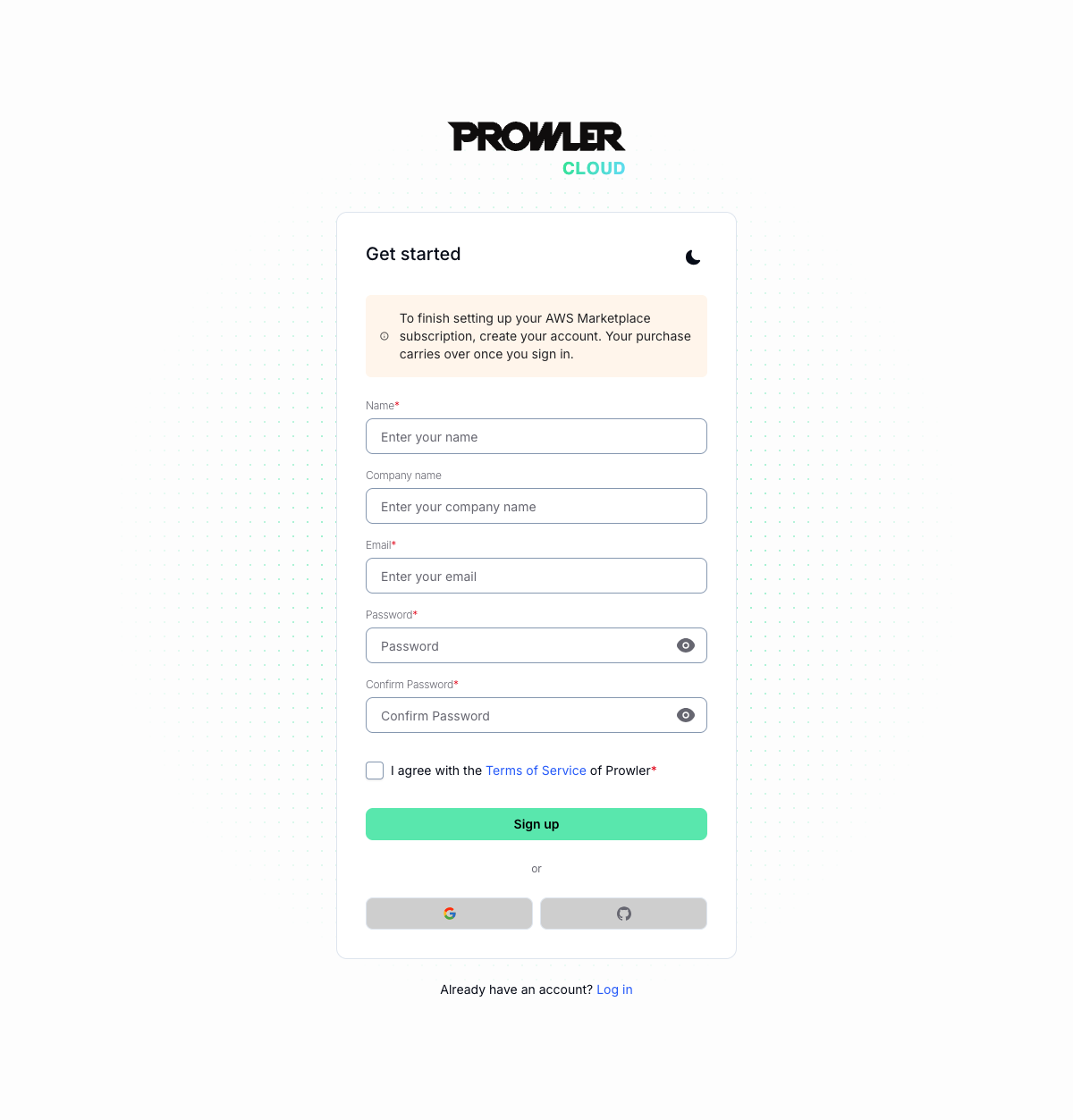 Prowler Cloud sign-up page with the AWS Marketplace banner