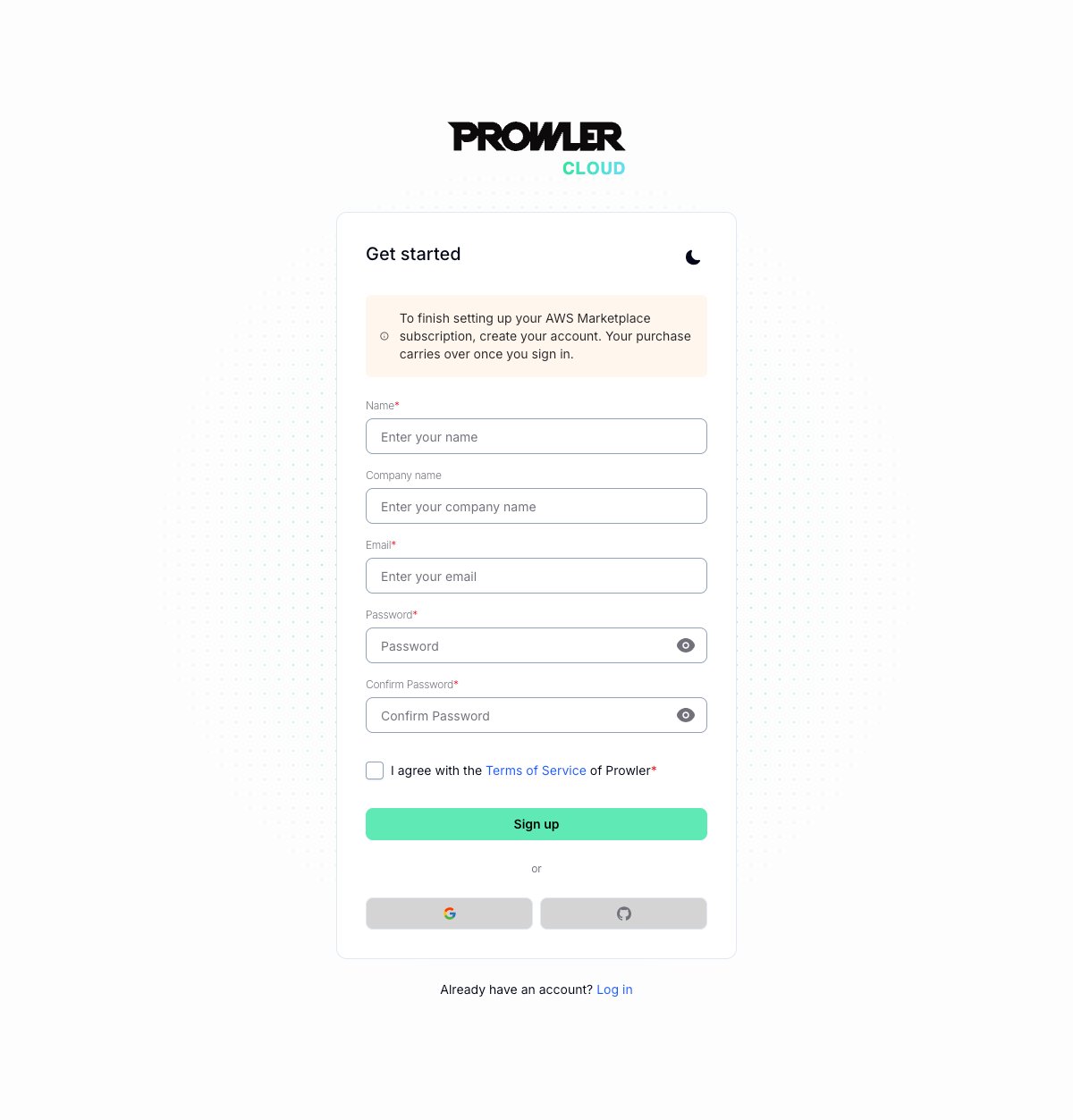 Prowler Cloud sign-up page with the AWS Marketplace banner