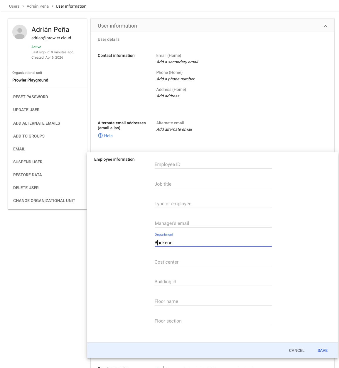 User information - Setting Department to "Backend" for userType mapping