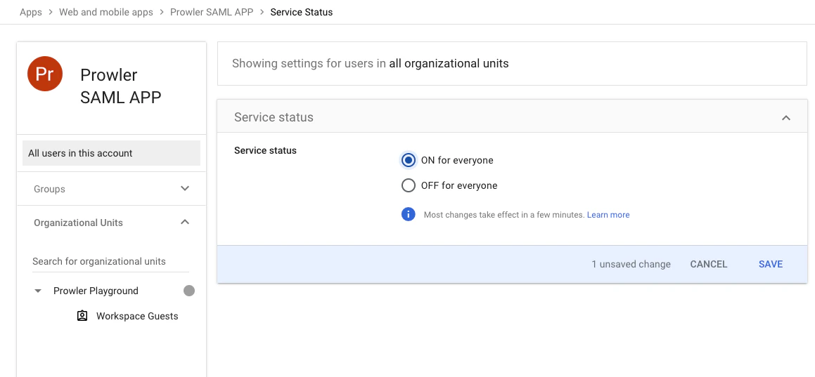 Service Status - Set to ON for everyone