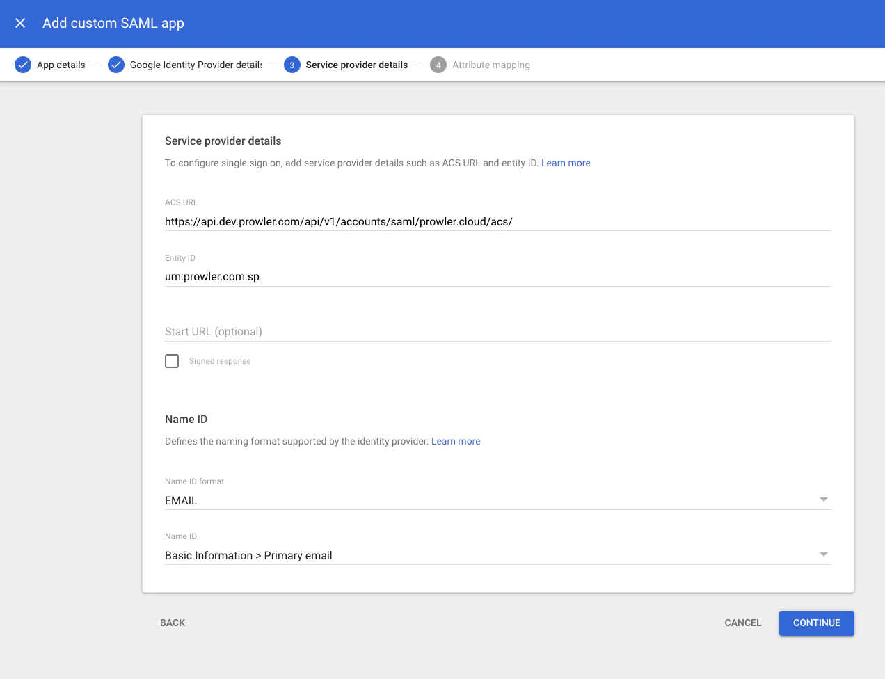 Service provider details - ACS URL, Entity ID, and Name ID configuration
