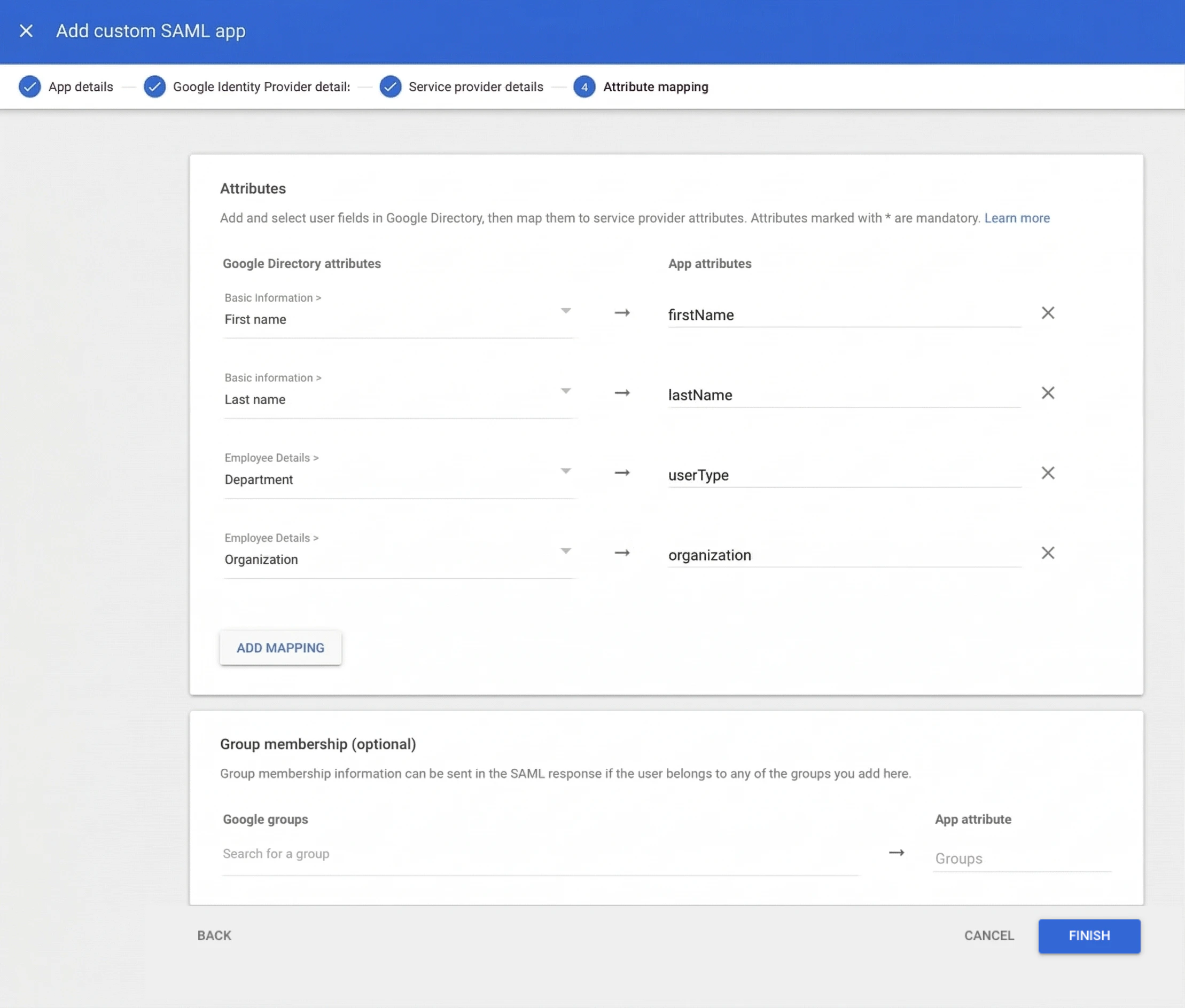 Attribute mapping - Google Directory attributes to Prowler SAML attributes