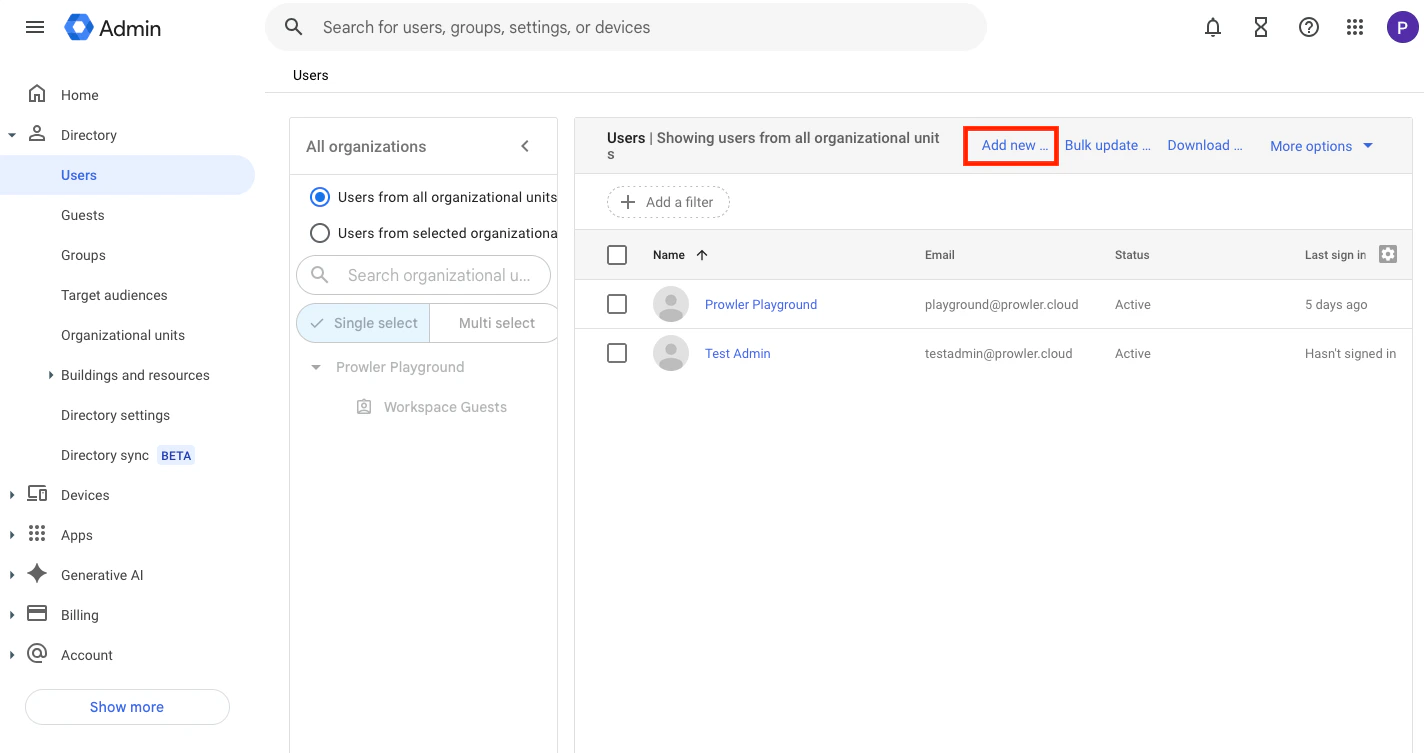 Google Admin Console - Users directory