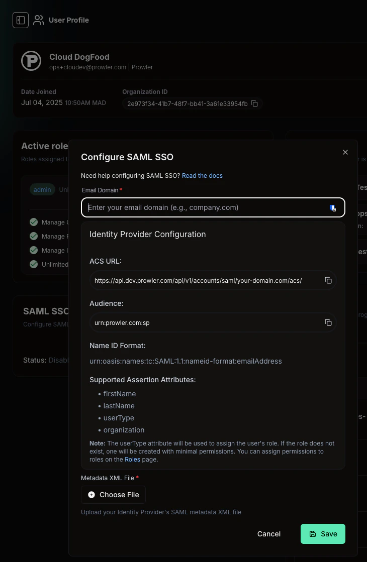 Prowler App - Configure SAML SSO dialog (initial state)