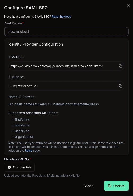 Prowler App - Configure SAML SSO dialog (domain entered and ready to save)