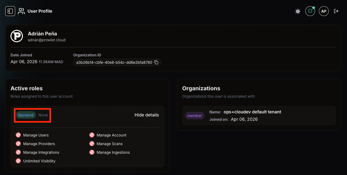 Prowler App - User profile showing role "Backend" created from userType mapping