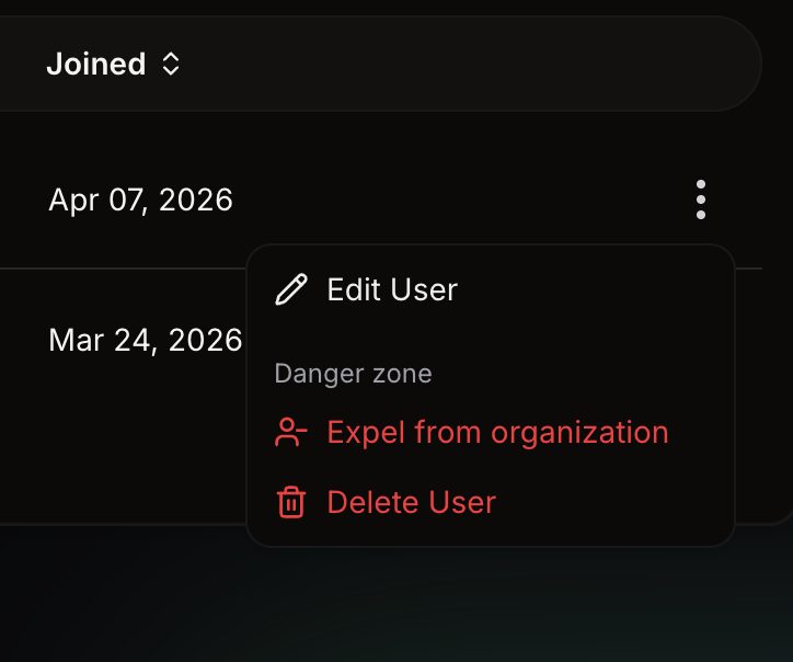 Users table row action menu showing the 'Expel user' destructive option