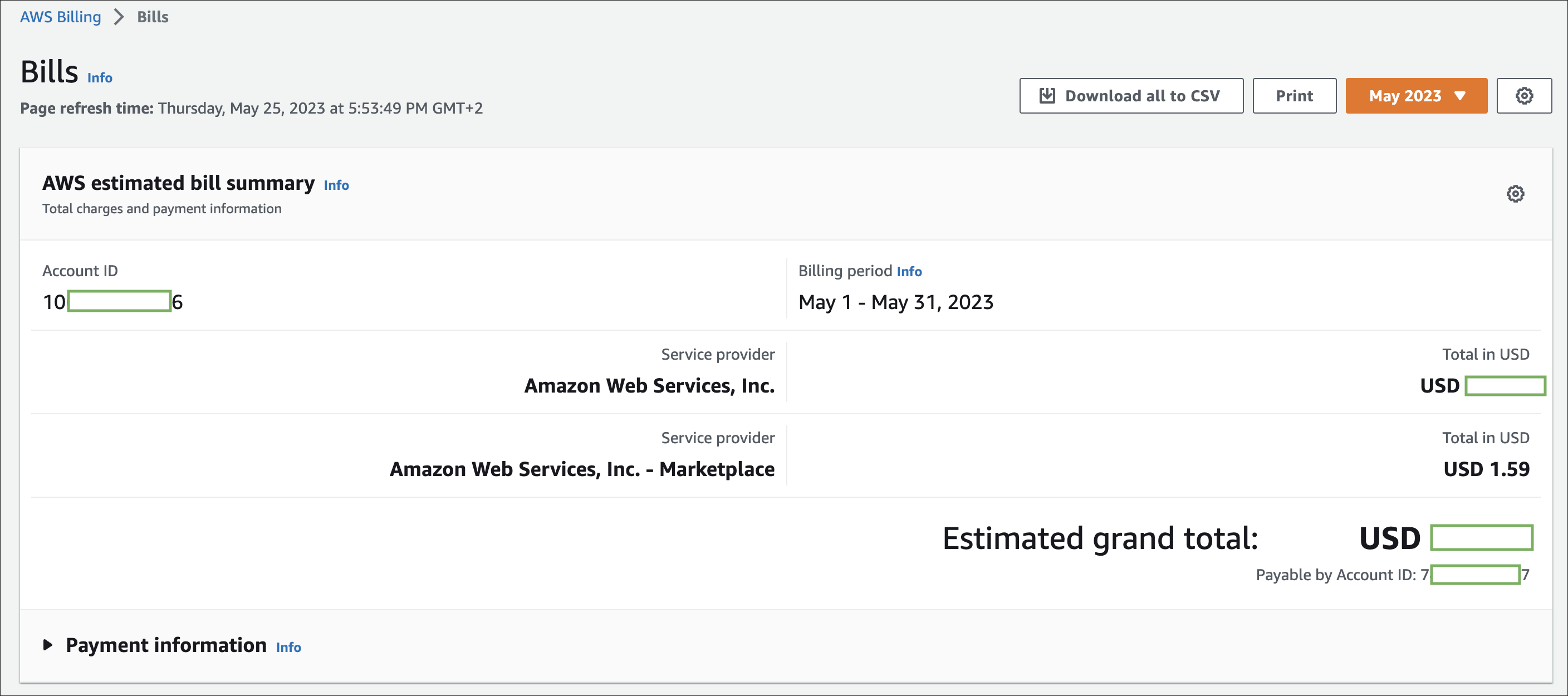 AWS Billing page showing the Amazon Web Services, Inc. - Marketplace line