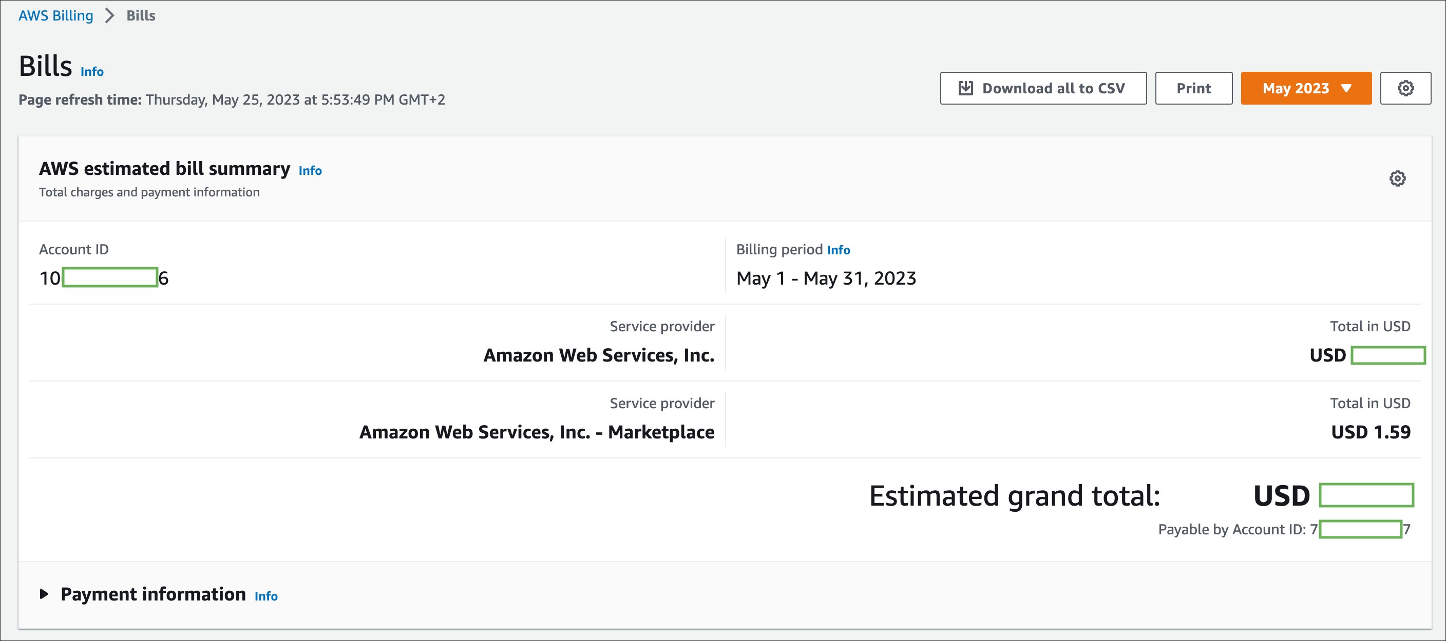 AWS Billing page showing the Amazon Web Services, Inc. - Marketplace line