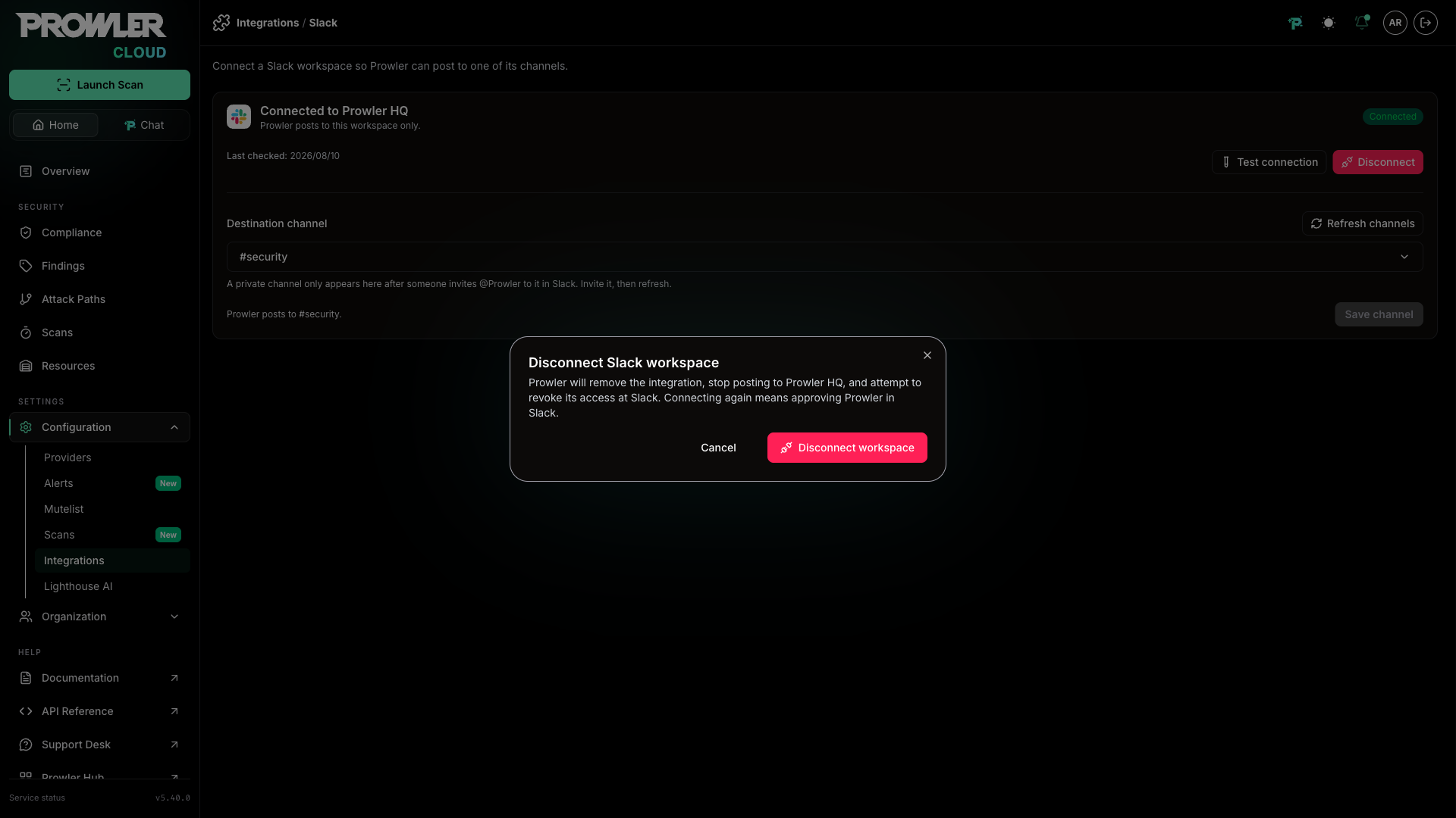 Disconnect Slack workspace confirmation dialog