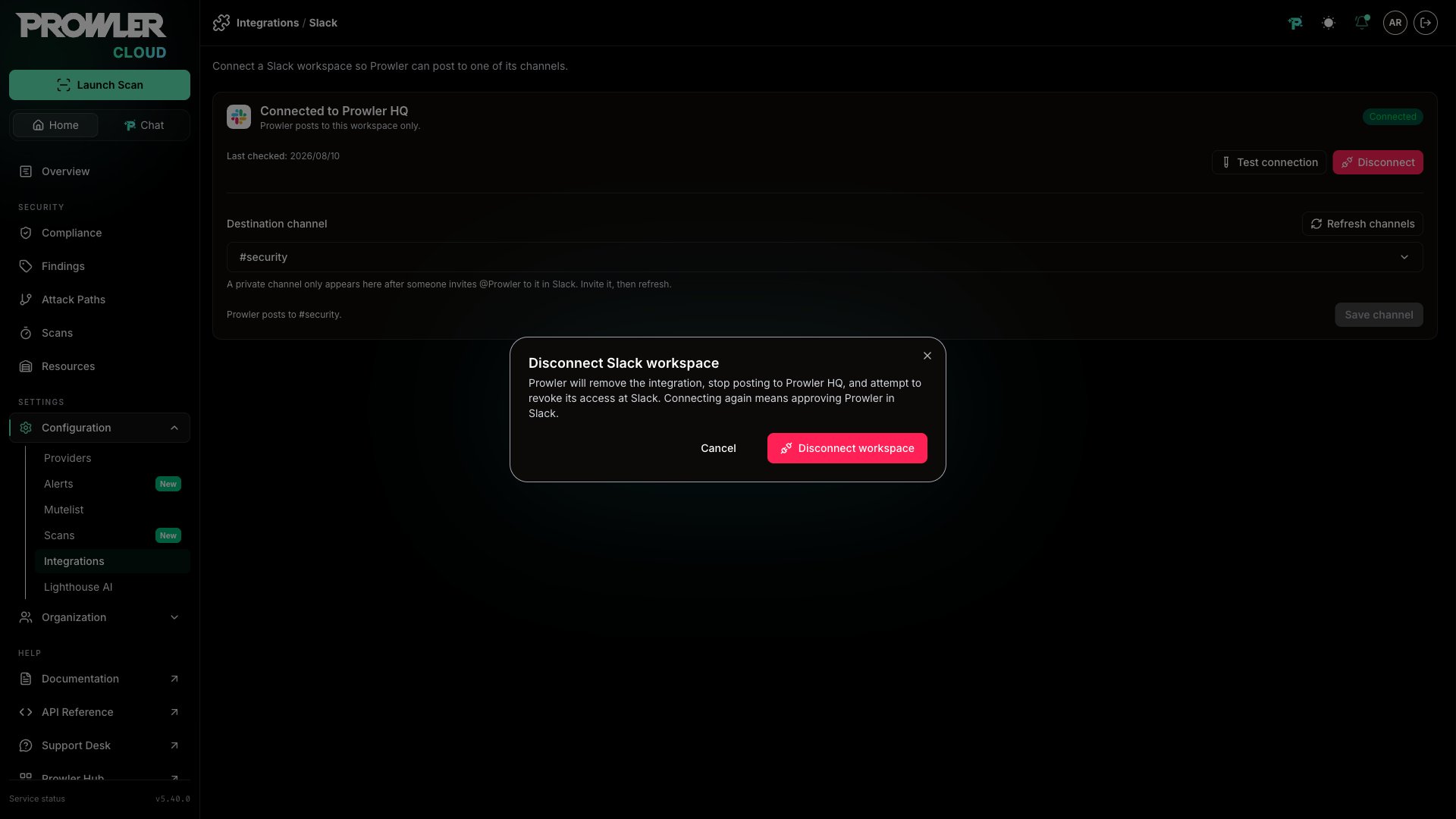 Disconnect Slack workspace confirmation dialog