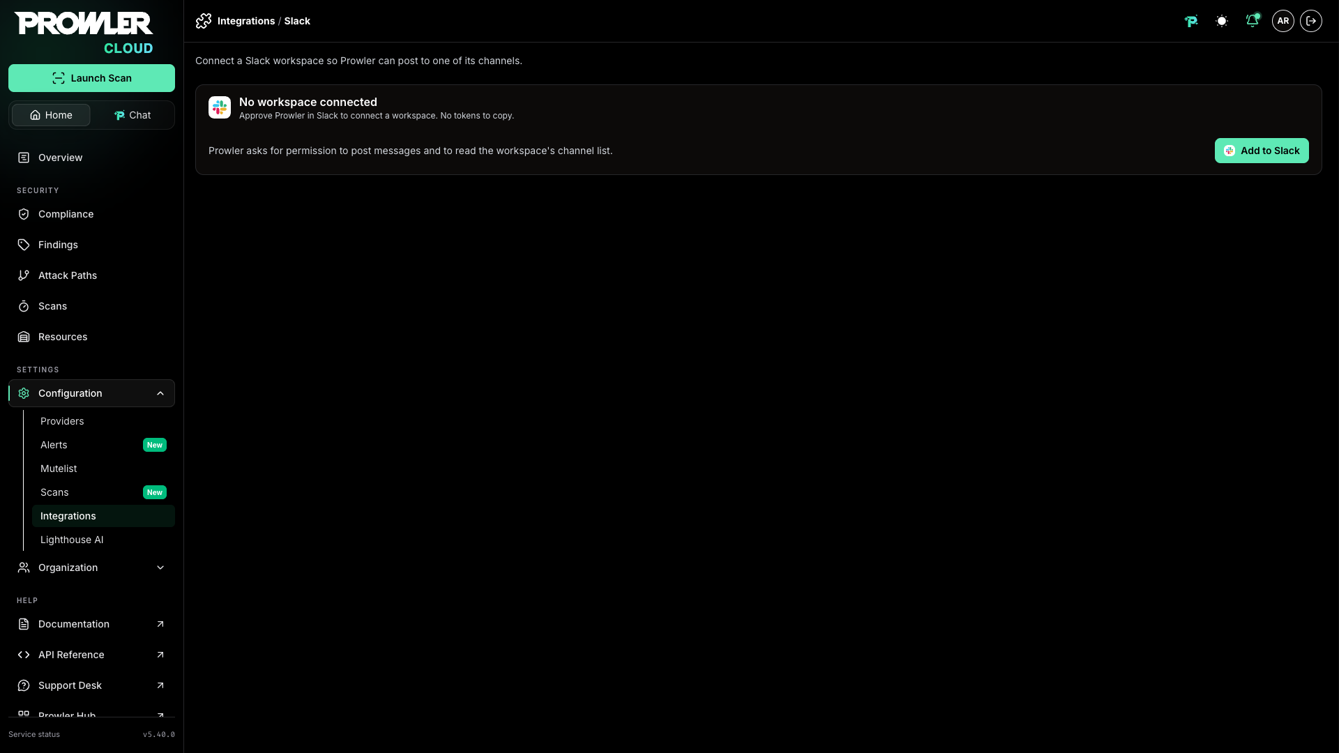 Slack management page before a workspace is connected, showing the Add to Slack action