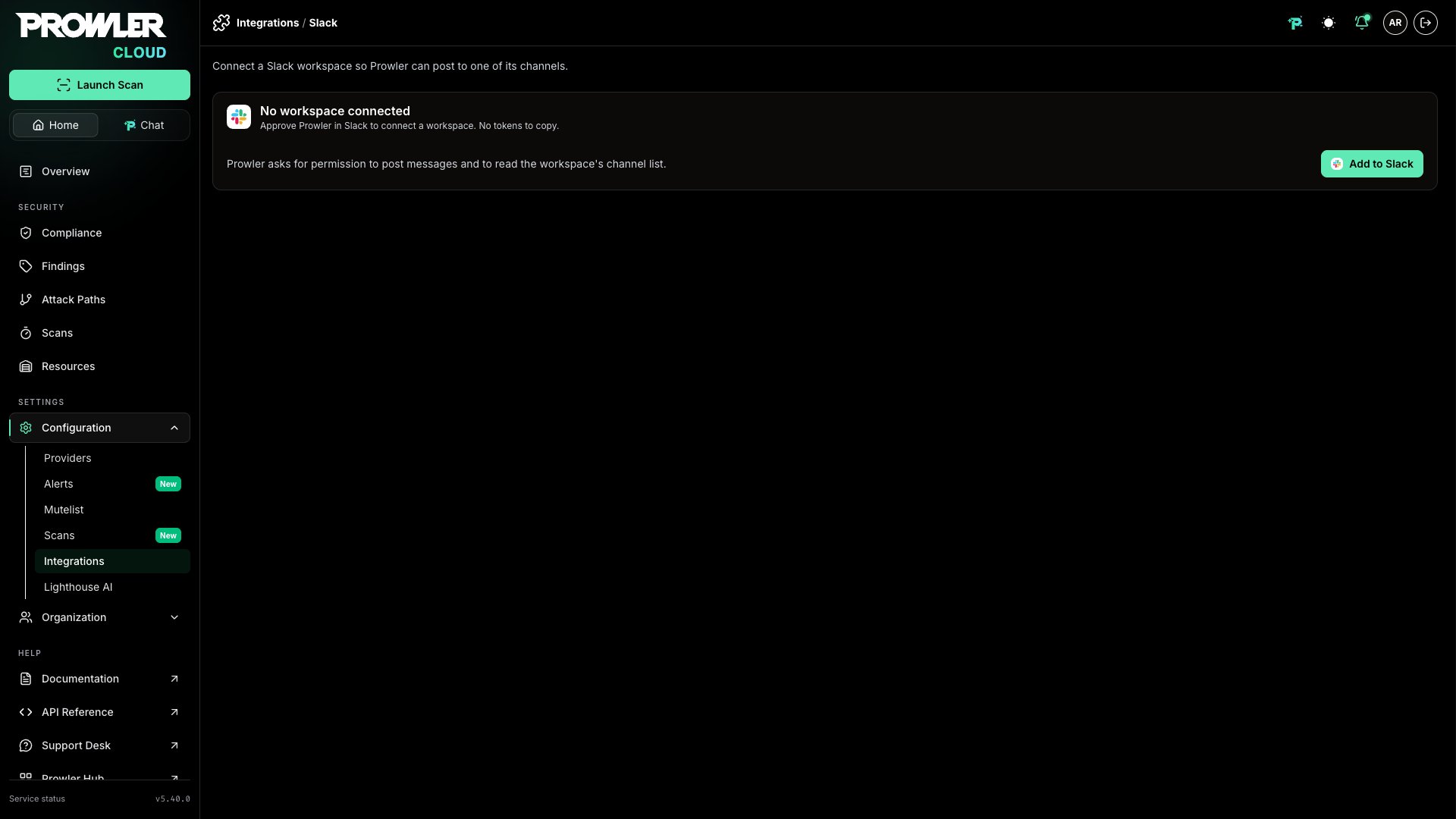 Slack management page before a workspace is connected, showing the Add to Slack action