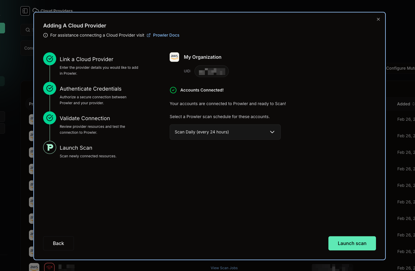 Launch Scan step showing Accounts Connected confirmation, scan schedule selector, and Launch scan button